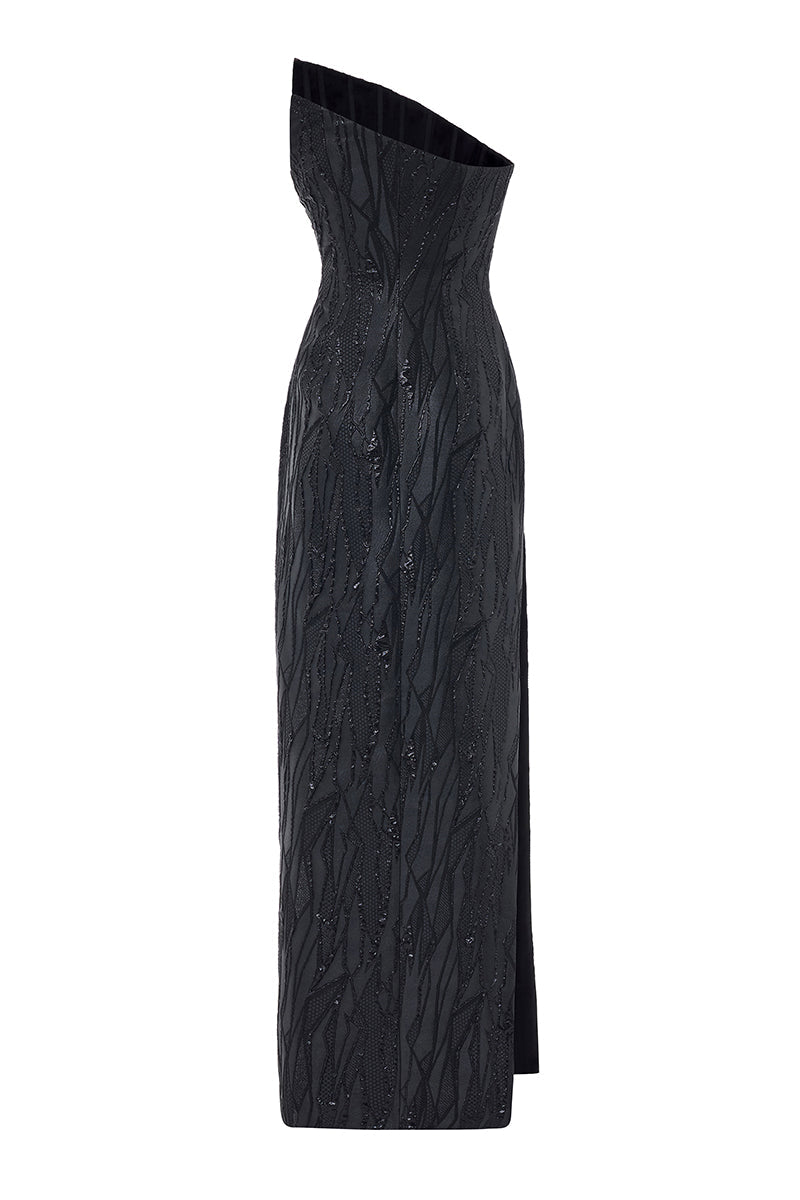 ASYMMETRIC BROCADE DRESS IN BLACK