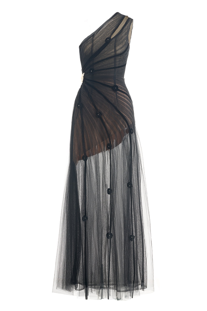 CULT MIA X HAPPY CLOTHING MAKENNA A-LINE ORGANZA MAXI DRESS IN BLACK