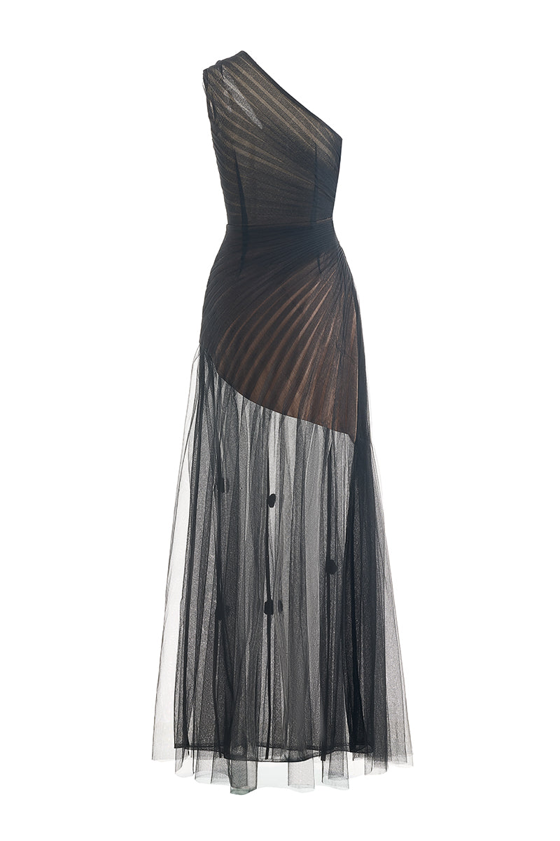 CULT MIA X HAPPY CLOTHING MAKENNA A-LINE ORGANZA MAXI DRESS IN BLACK
