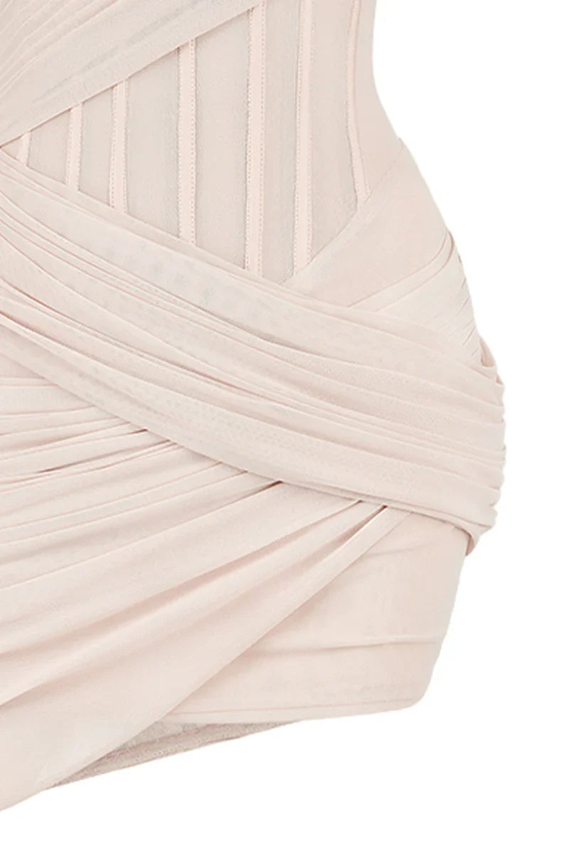 IVORY TULLE  ASYMMETRIC SLEEVED MESH  MINI DRESS