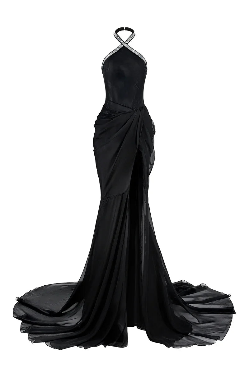 BLACK HALTER NECK CHIFFON GOWN