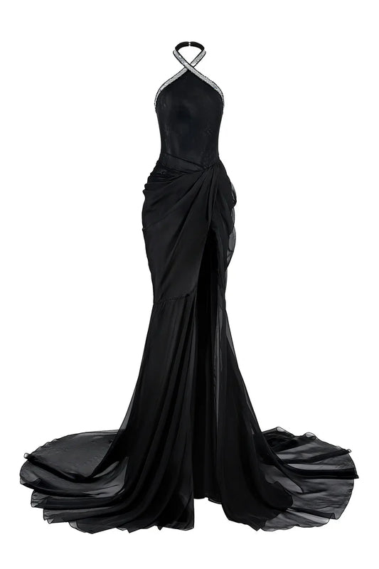 BLACK HALTER NECK CHIFFON GOWN