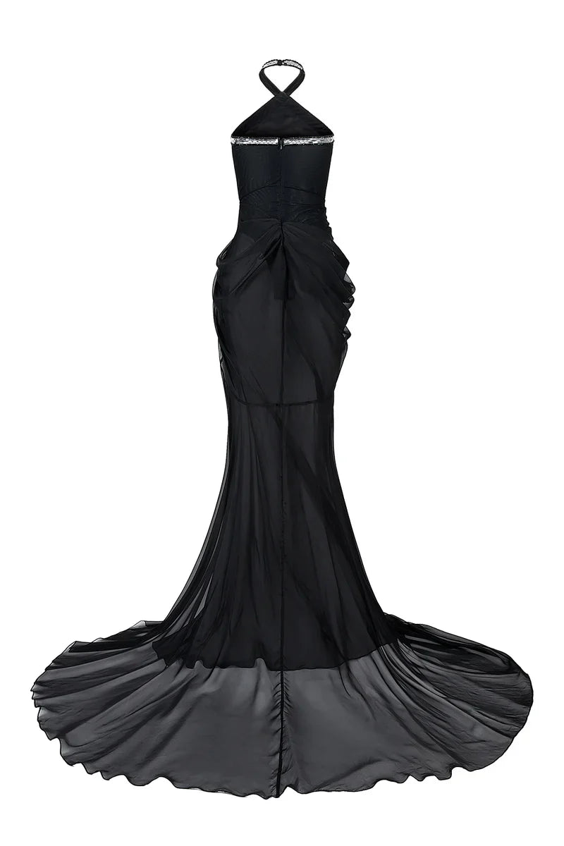 BLACK HALTER NECK CHIFFON GOWN