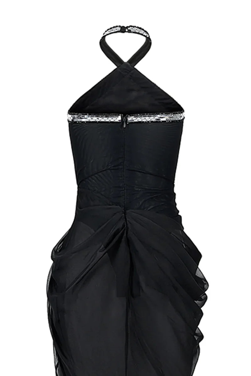 BLACK HALTER NECK CHIFFON GOWN