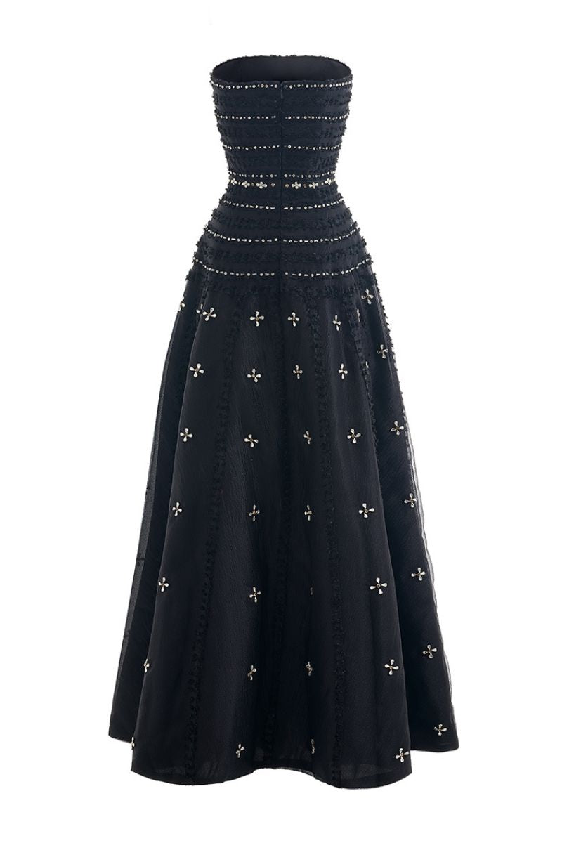 CULT MIA X HAPPY CLOTHING TERRY STRAPLESS STONE ORGANZA MAXI DRESS IN BLACK