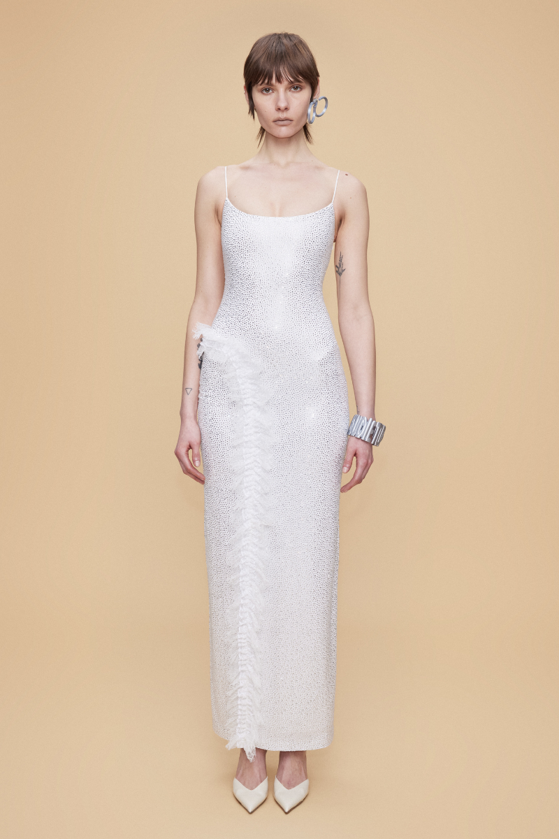 FULLY RHINESTONED MAXI DRESS WITH LACE RUFFLE DETAIL IN WHITE