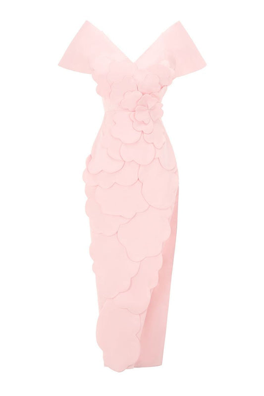 CULT MIA X HAPPY CLOTHING GLENN FLOWER APPLIQUE TAFFETA MAXI DRESS IN PINK