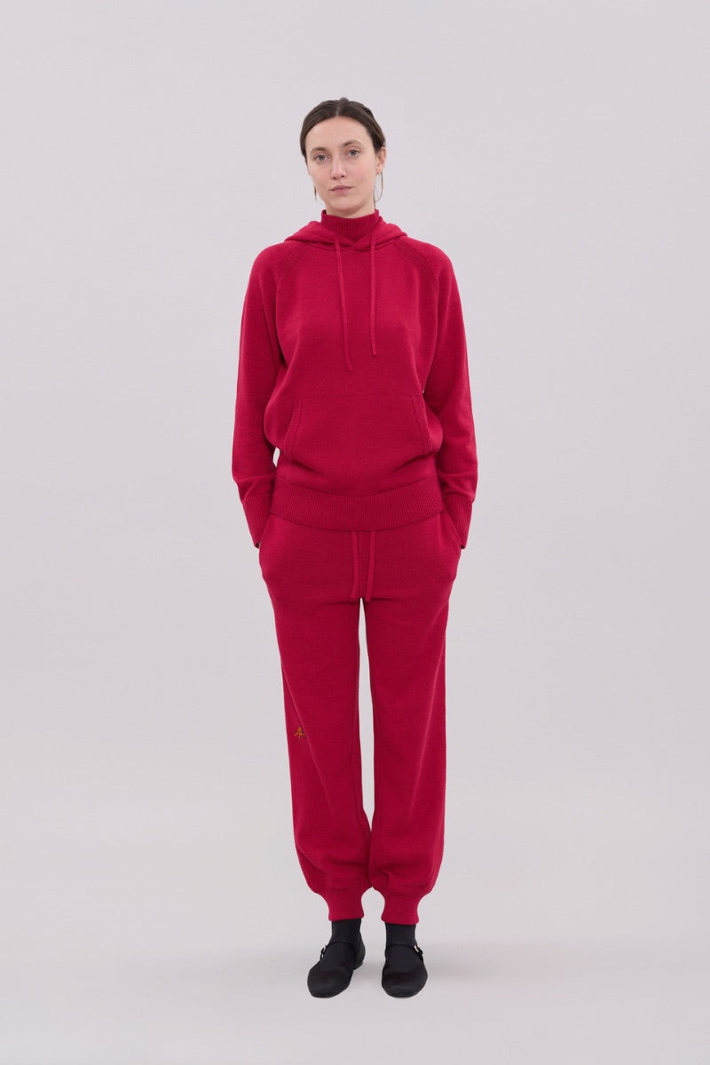 KNITTED ROLL NECK HOODIE IN BURGUNDY