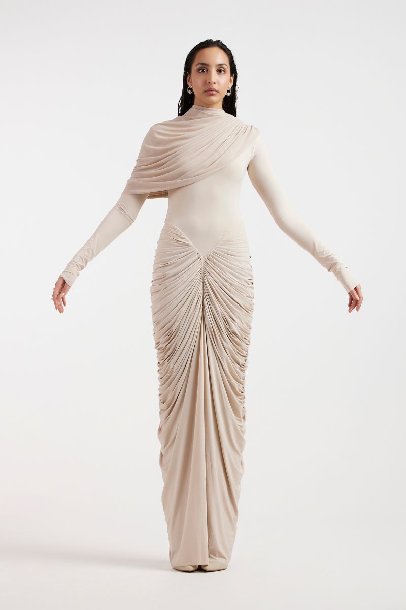 ELORA BEIGE DRAPED GOWN