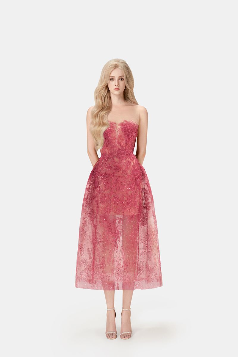RED BEADED LACE MIDI DRESS