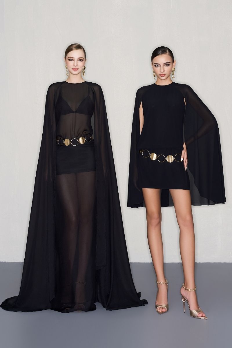 CAPE MINI DRESS WITH GOLD BELT