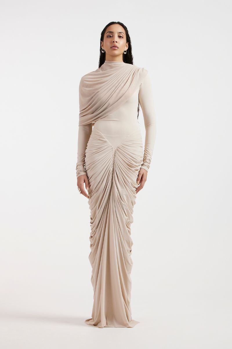 ELORA BEIGE DRAPED GOWN