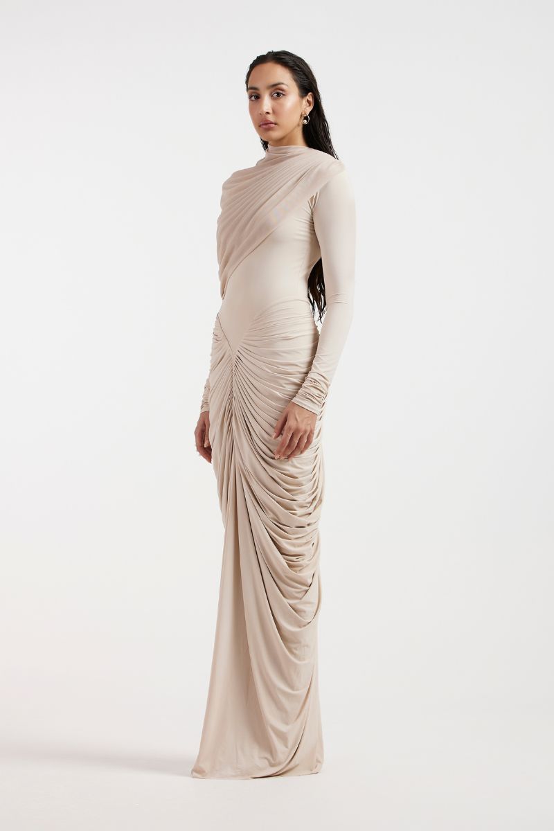 ELORA BEIGE DRAPED GOWN