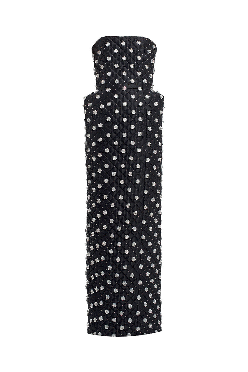 QUILTED DRESS WITH SILVER FLOWER EMBROIDERY IN BLACK