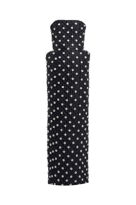 QUILTED DRESS WITH SILVER FLOWER EMBROIDERY IN BLACK