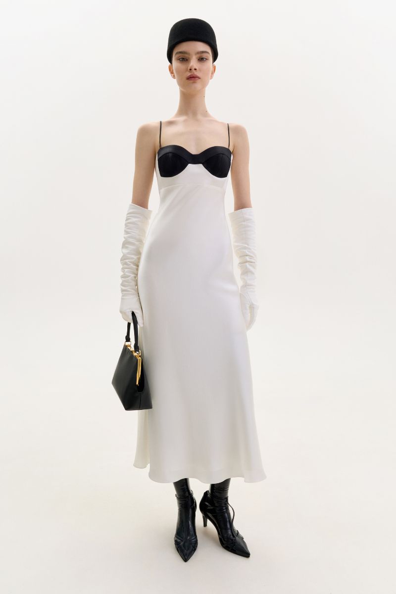 CREAM SILK MIDI DRESS WITH BLACK DETAIL