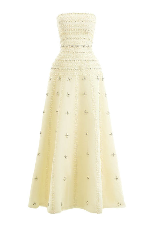 CULT MIA X HAPPY CLOTHING TERRY STRAPLESS STONE ORGANZA MAXI DRESS IN LIGHT YELLOW