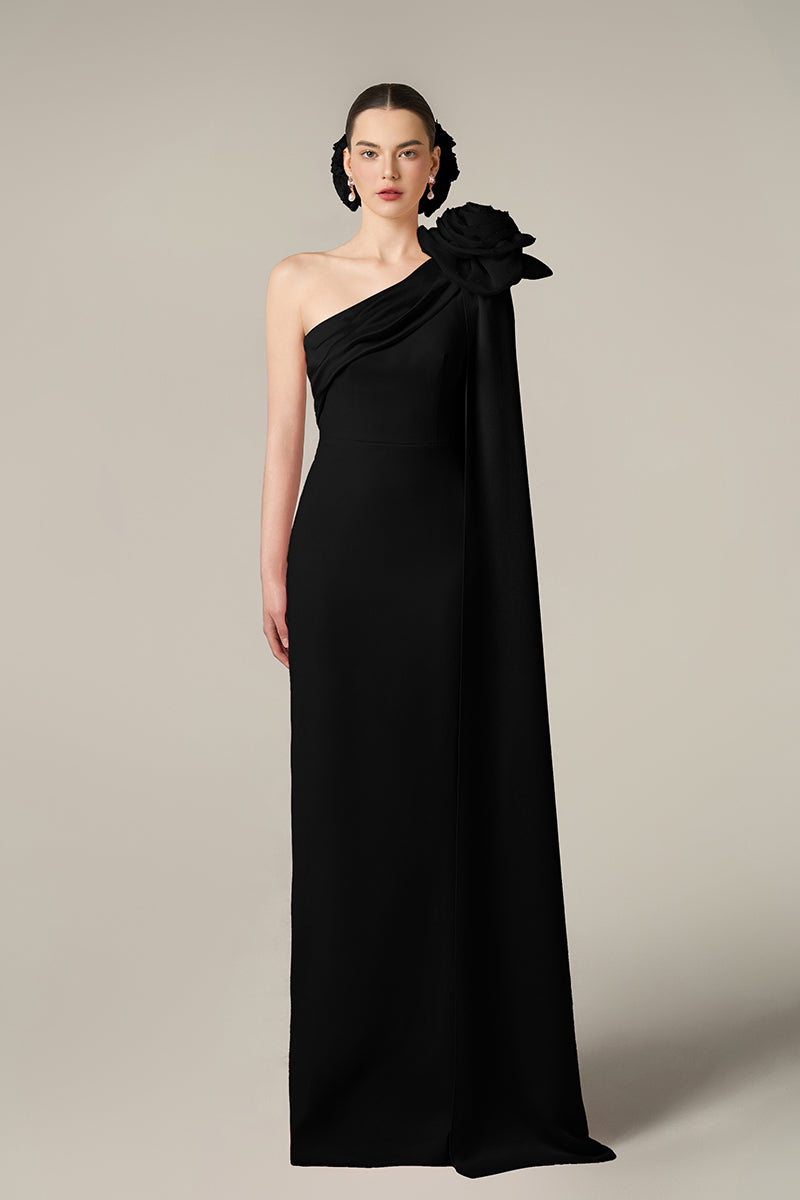 CREPE AND SILK TAFFETA DRESS IN BLACK