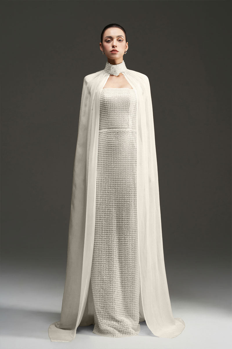PEARL SQUARE MESH LACE AND CHIFFON DRESS IN SILVER