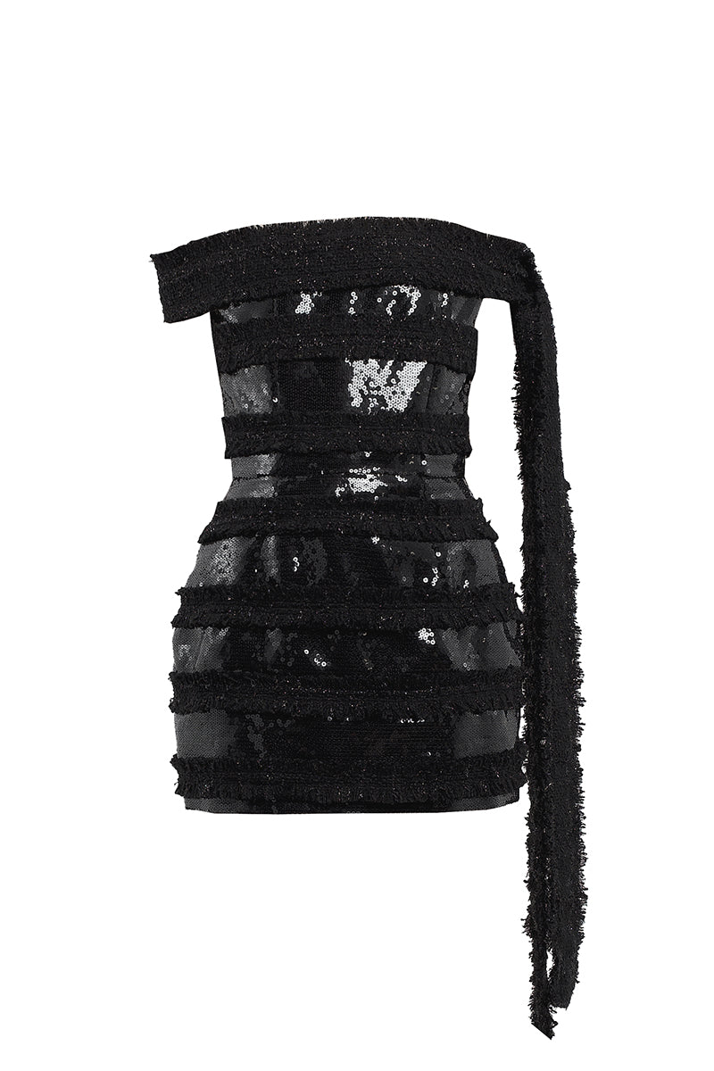 SEQUINS AND TWEED MINI DRESS IN BLACK