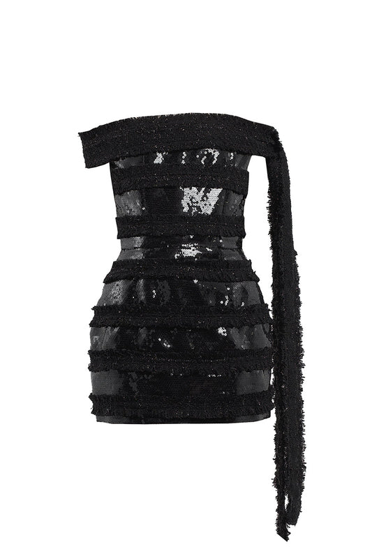SEQUINS AND TWEED MINI DRESS IN BLACK