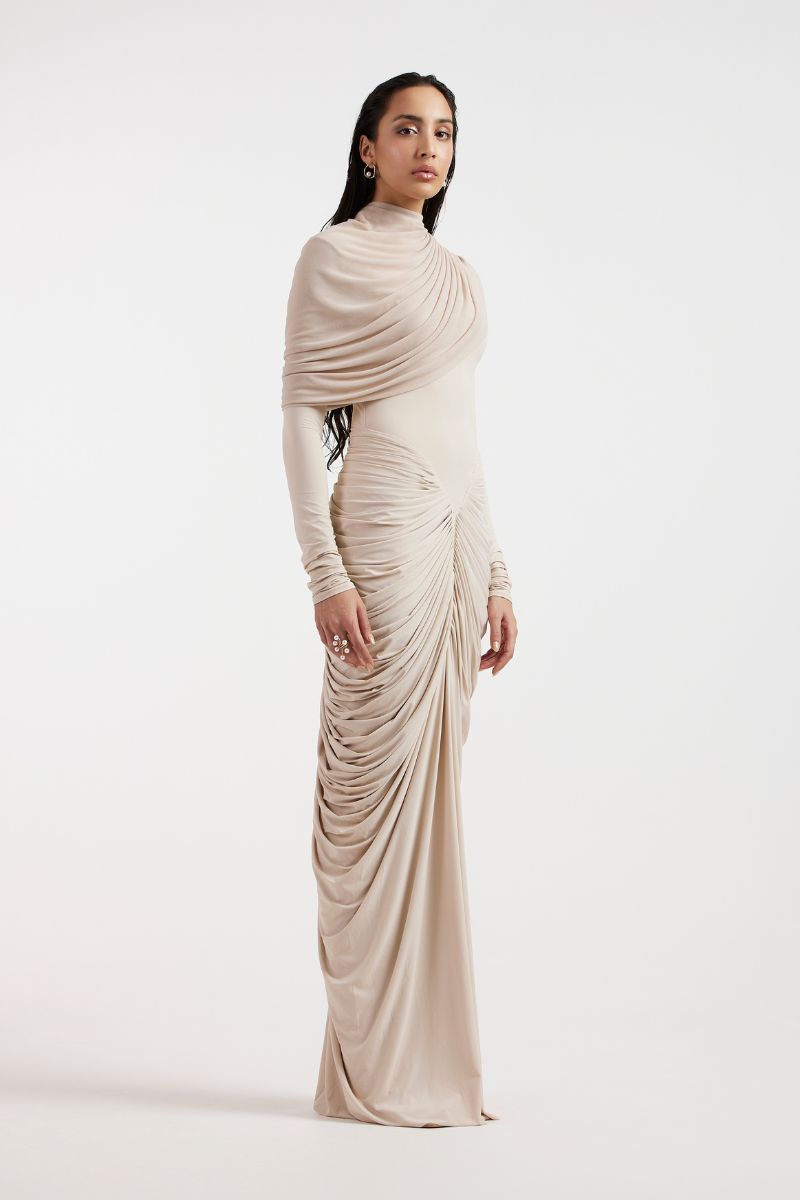 ELORA BEIGE DRAPED GOWN