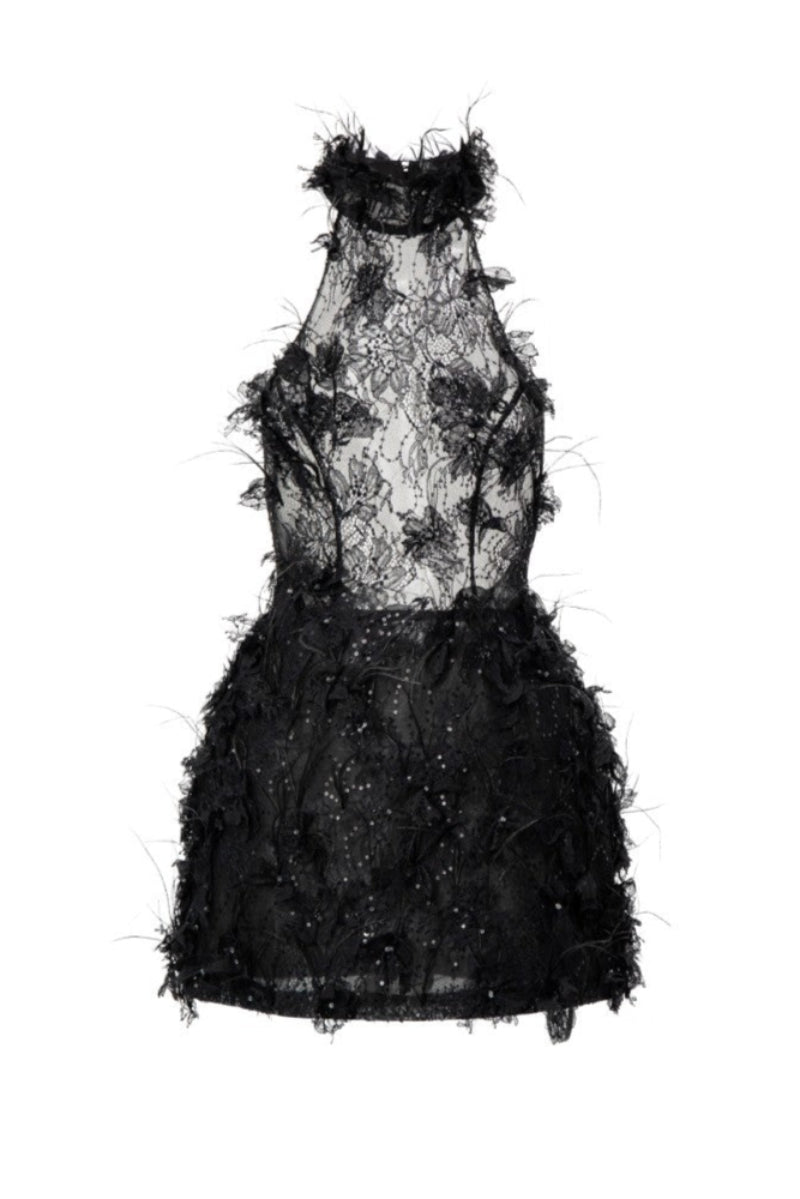 ASAD LACE FLOWER AND FEATHER DRESS IN BLACK
