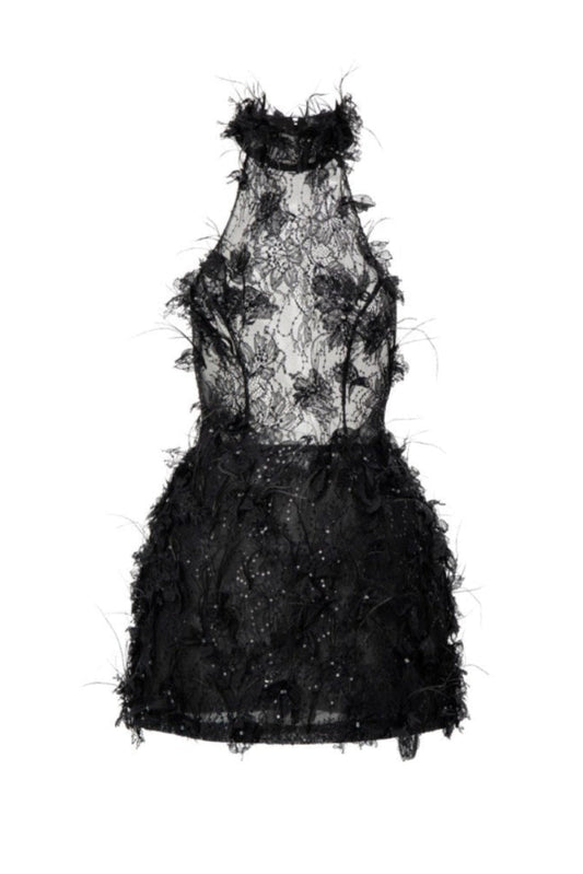 ASAD LACE FLOWER AND FEATHER DRESS IN BLACK