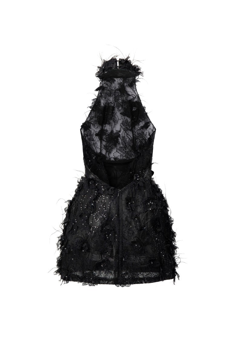 ASAD LACE FLOWER AND FEATHER DRESS IN BLACK