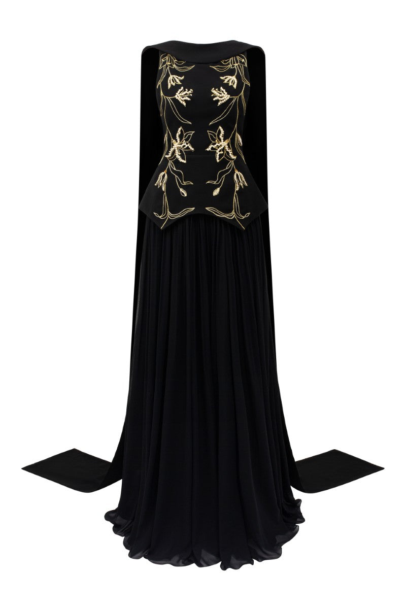 ARIANE CREPE AND CHIFFON GOWN IN BLACK