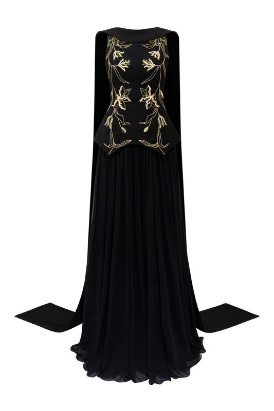 ARIANE CREPE AND CHIFFON GOWN IN BLACK