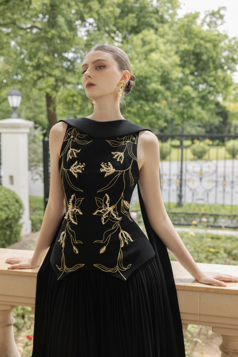 ARIANE CREPE AND CHIFFON GOWN IN BLACK