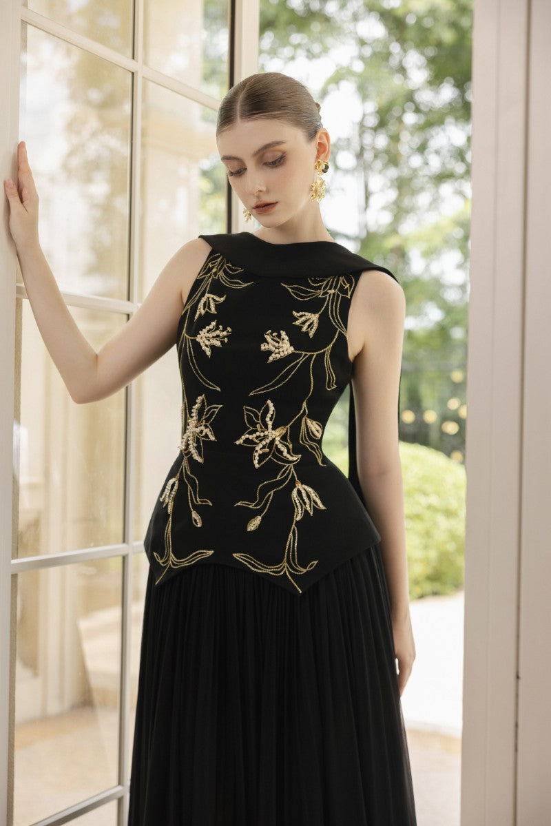 ARIANE CREPE AND CHIFFON GOWN IN BLACK