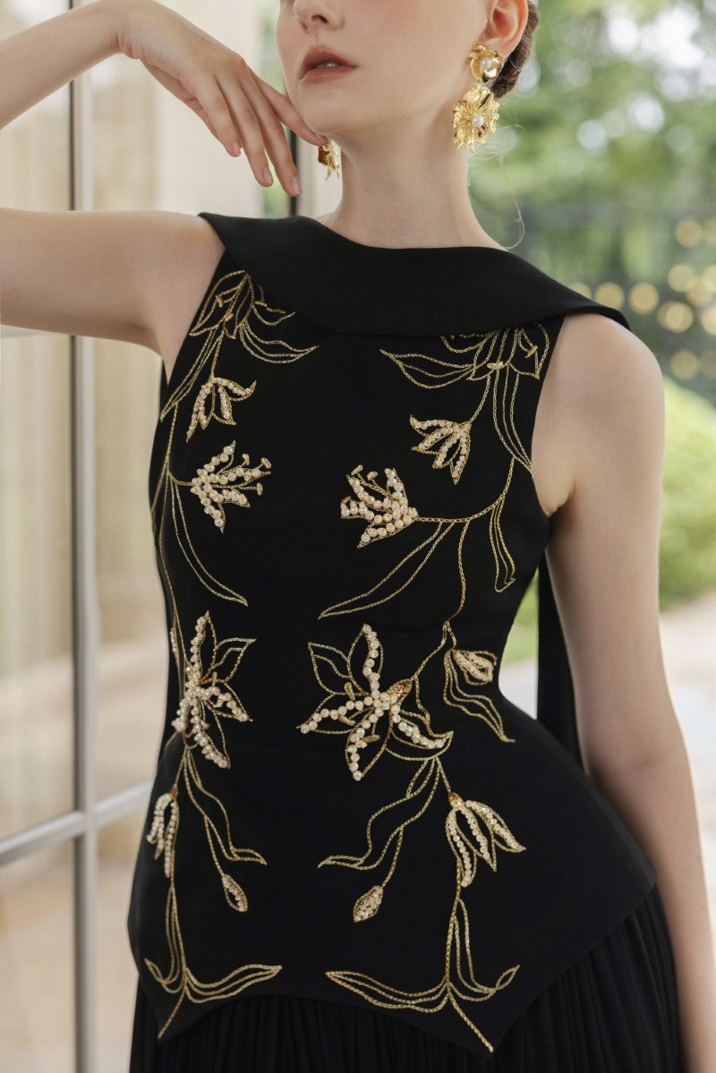 ARIANE CREPE AND CHIFFON GOWN IN BLACK