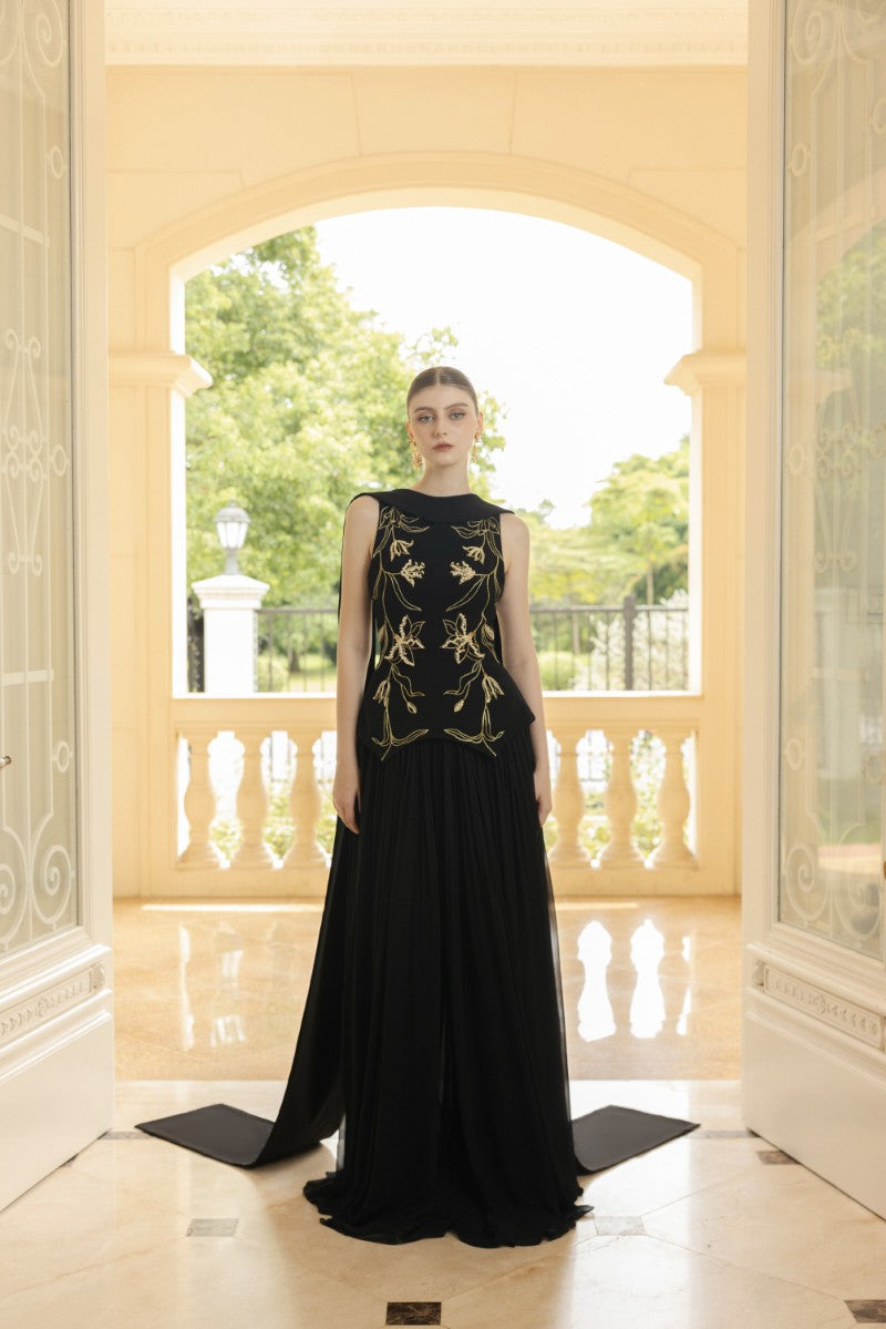 ARIANE CREPE AND CHIFFON GOWN IN BLACK