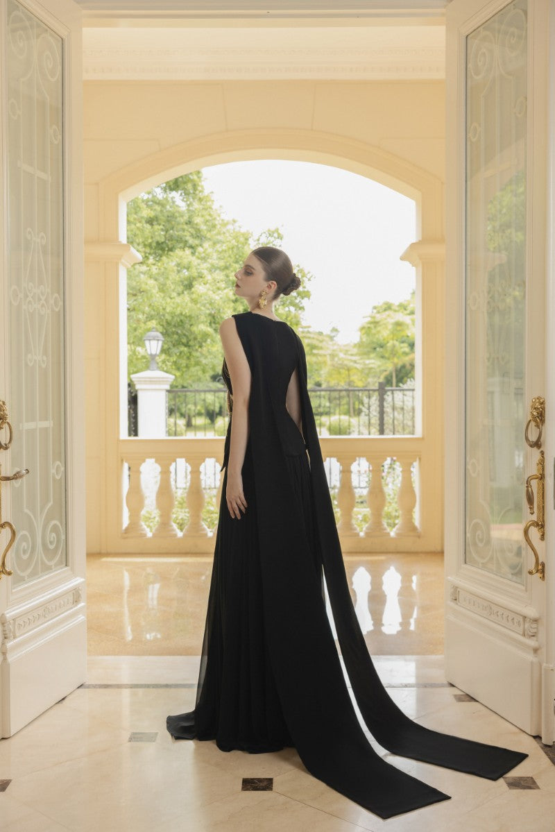 ARIANE CREPE AND CHIFFON GOWN IN BLACK