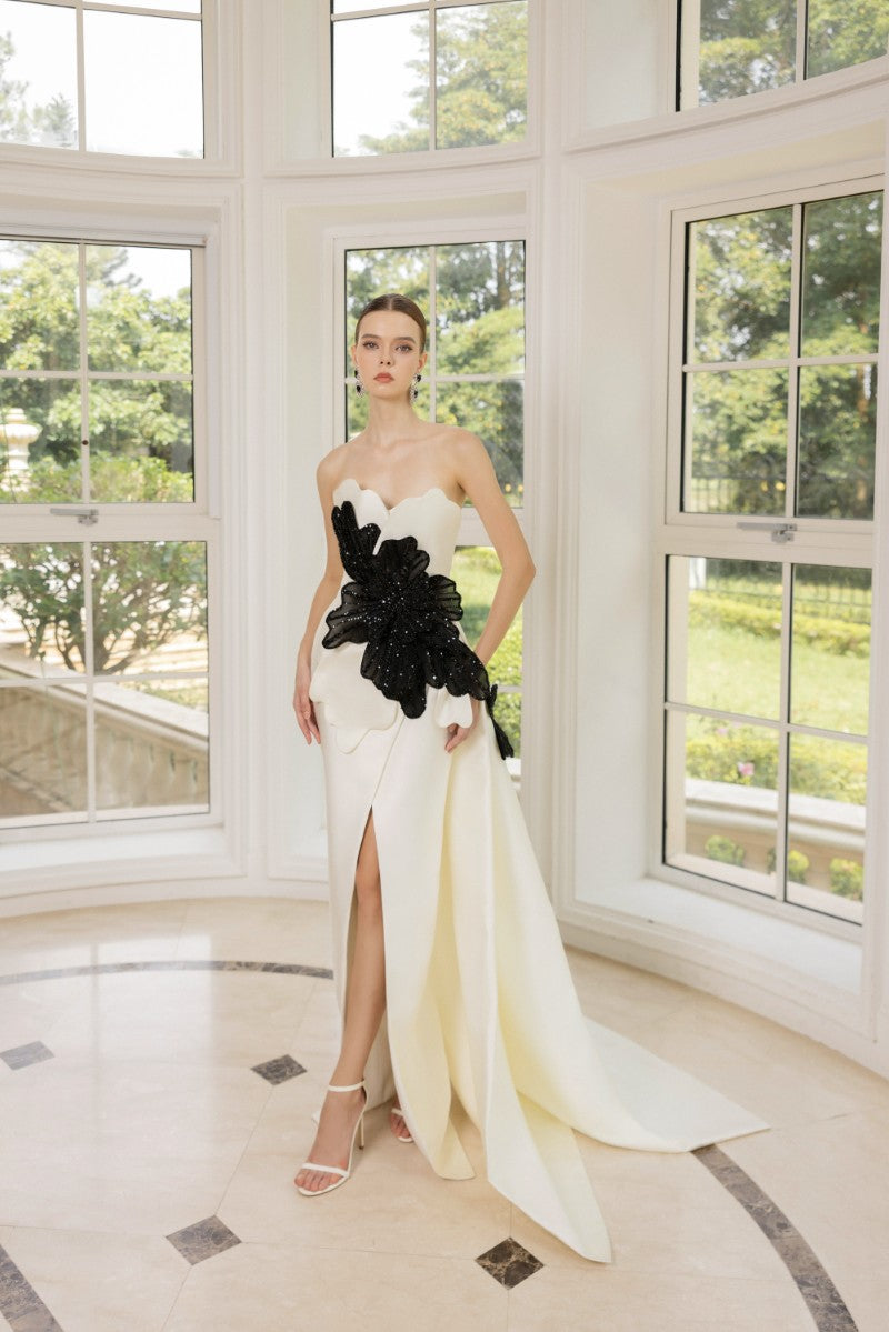 SIDONIE TAFFETTA GOWN IN WHITE AND BLACK