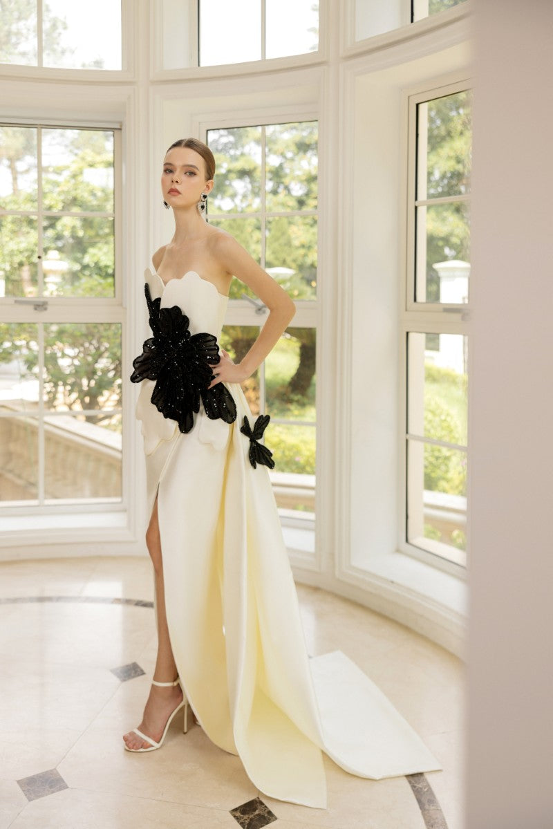 SIDONIE TAFFETTA GOWN IN WHITE AND BLACK