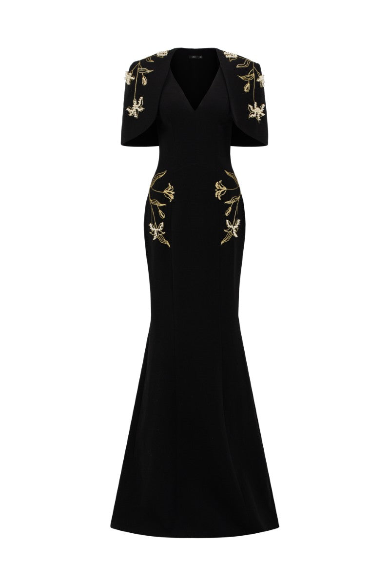 ISABELLE CREPE GOWN WITH EMMANUELLE CAPE IN BLACK