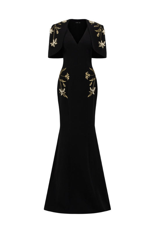 ISABELLE CREPE GOWN WITH EMMANUELLE CAPE IN BLACK