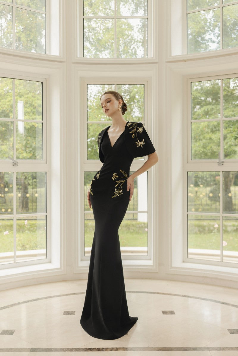 ISABELLE CREPE GOWN WITH EMMANUELLE CAPE IN BLACK