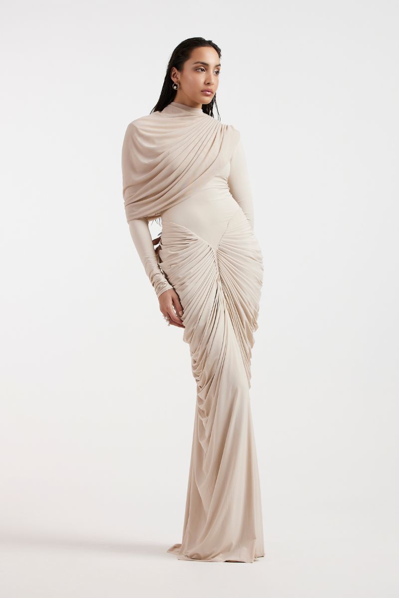 ELORA BEIGE DRAPED GOWN
