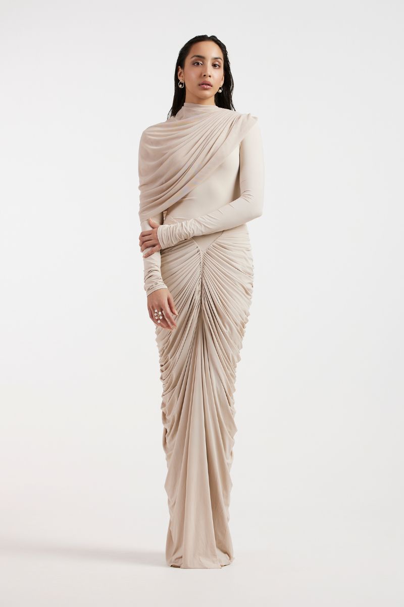 ELORA BEIGE DRAPED GOWN