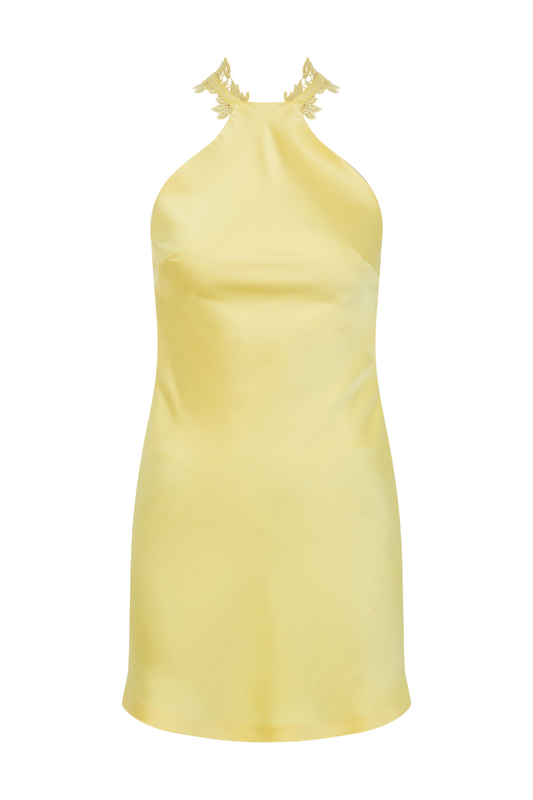 HALTER NECK MINI SATIN DRESS WITH LACE TRIMMINGS