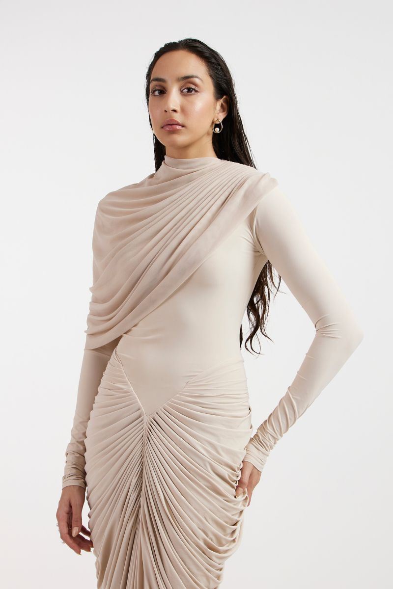 ELORA BEIGE DRAPED GOWN