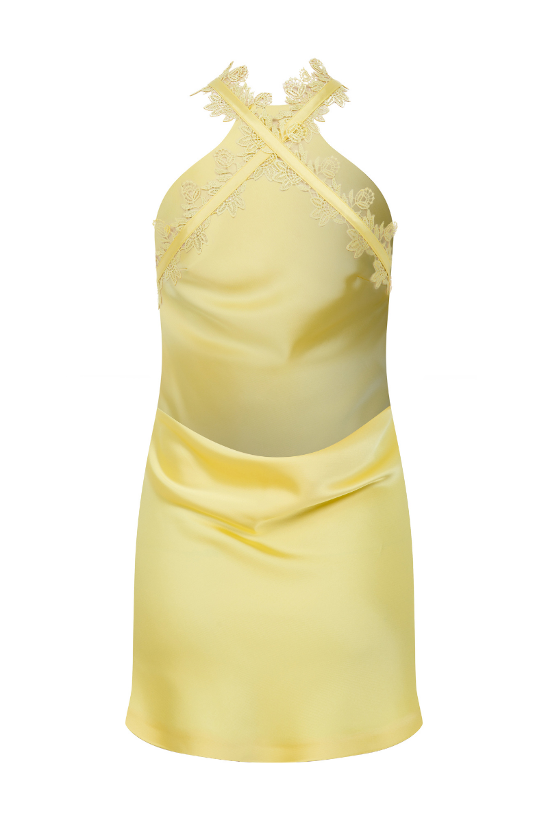 HALTER NECK MINI SATIN DRESS WITH LACE TRIMMINGS