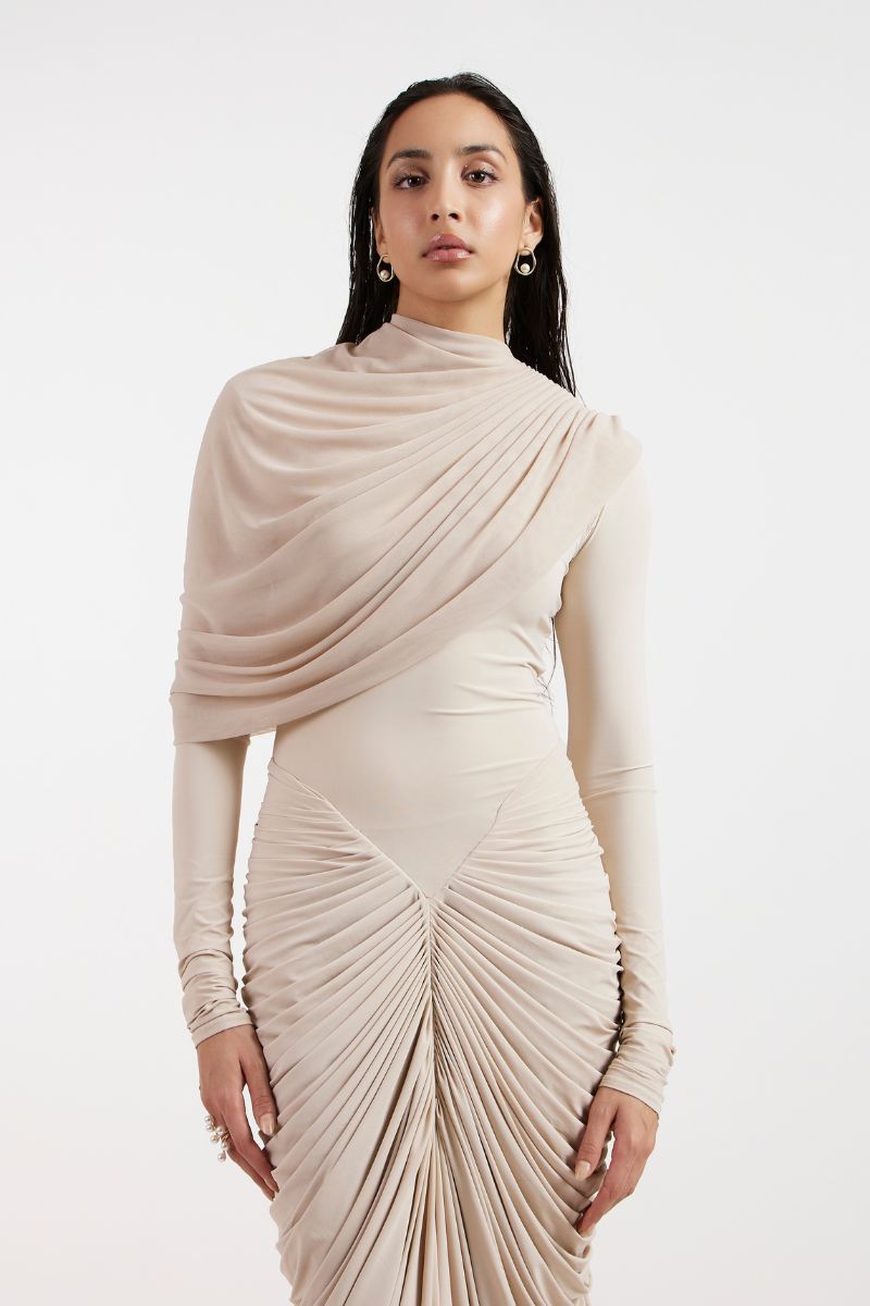 ELORA BEIGE DRAPED GOWN