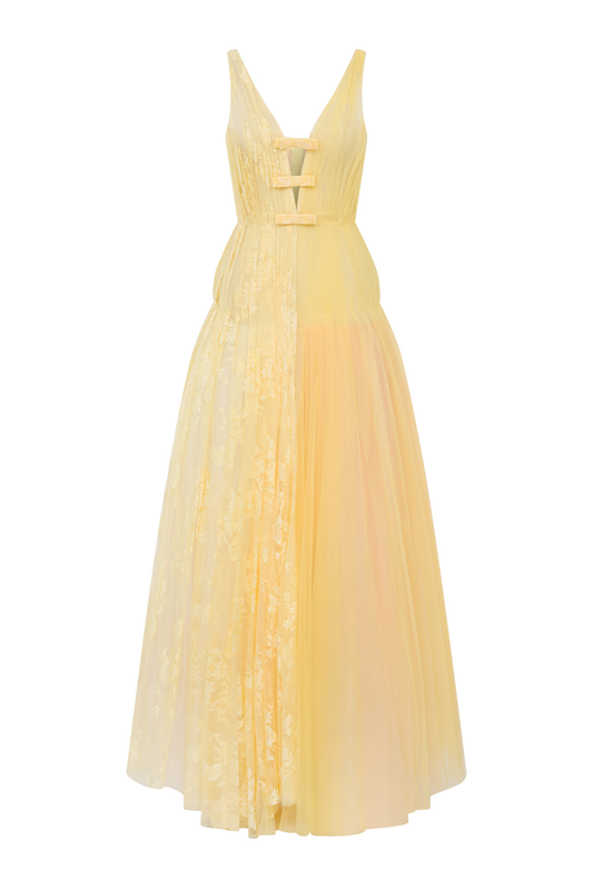 DEEP V NECKLINE TULLE AND LACE MIX GOWN
