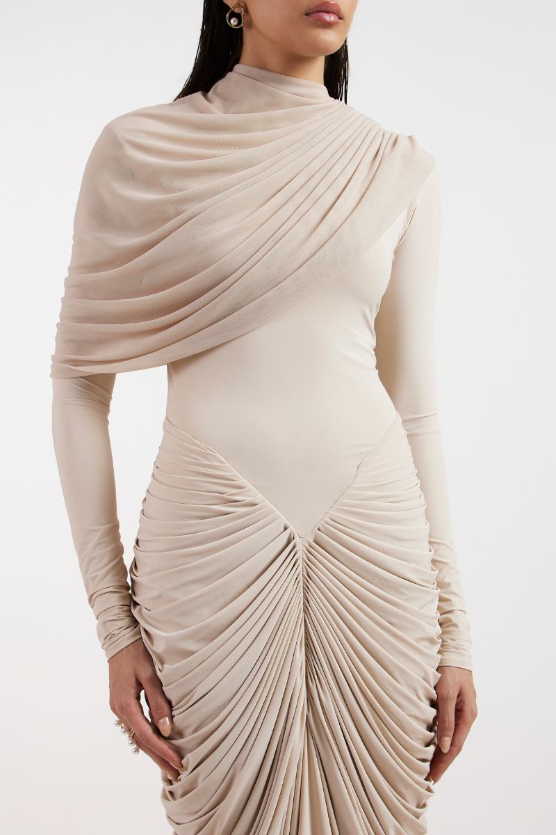 ELORA BEIGE DRAPED GOWN