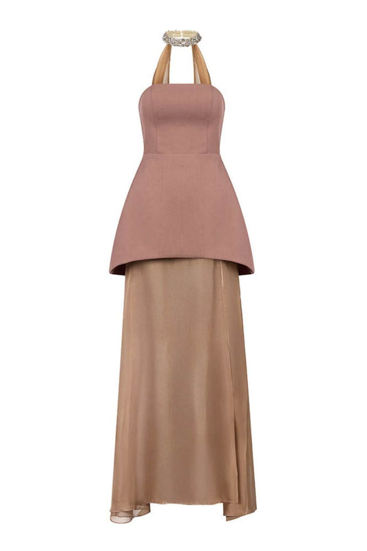 STRAPLESS MAXI DRESS WITH CAPE IN BROWN